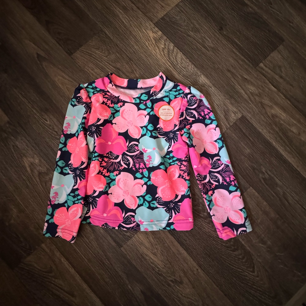 Girls Floral Long-Sleeve Swim Coverup - Pink & Navy